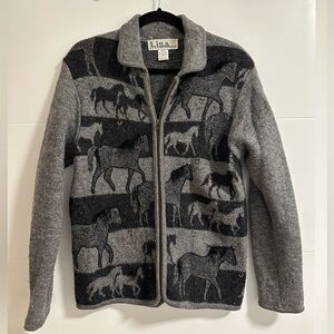 Vintage Lisa International Horse Western Full Zip Boiled Wool Sweater